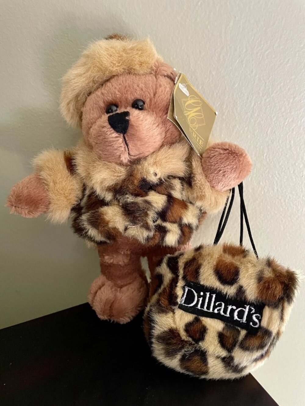 9" DILLARDS TEDDY BEAR PLUSH WITH LEOPARD FUR COAT PURSE HAT STUFFED VINTAGE